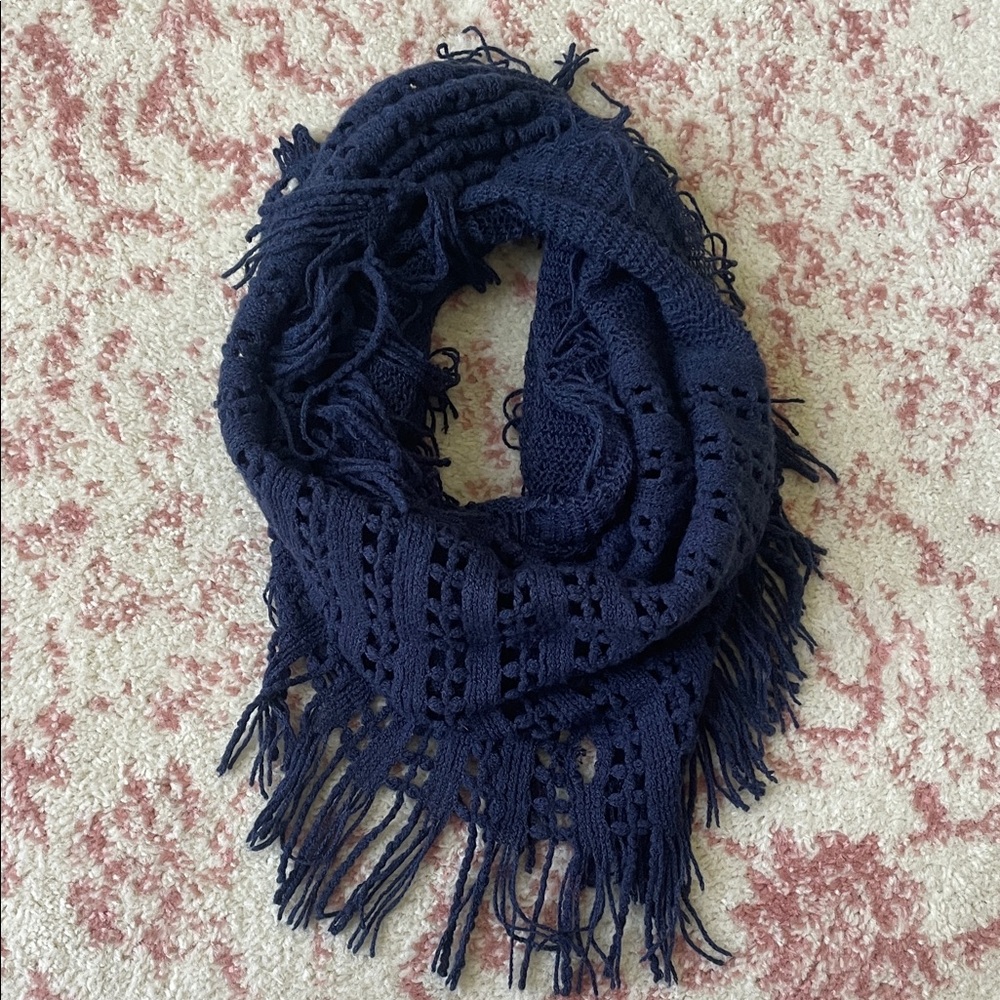 Elegant Navy Blue Fringed Scarf